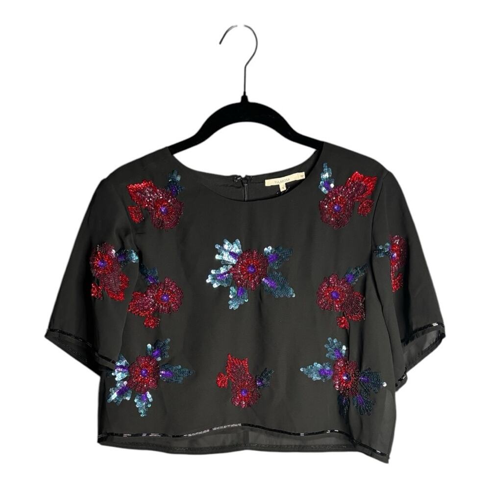Tularosa Black Cropped Short Sleeve Blouse Floral Sequin Pattern Small